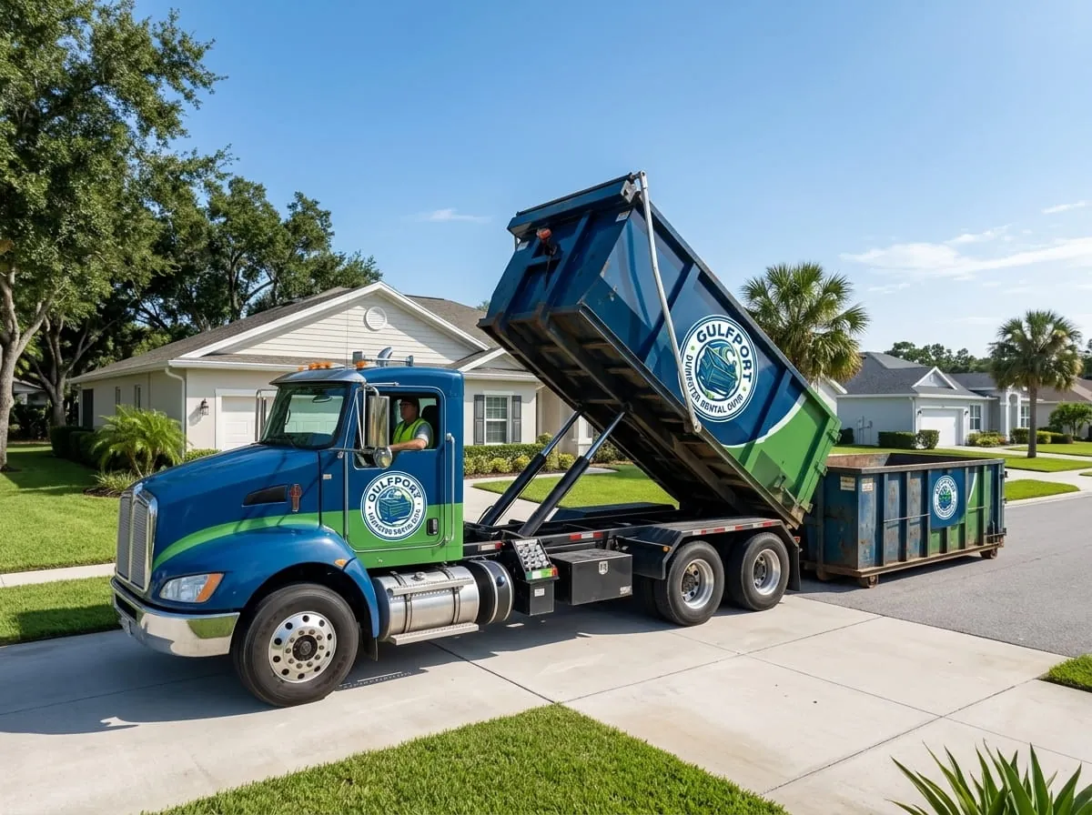 Gulfport Dumpster Rental Guys truck delivering a roll-off dumpster to a Gulfport MS driveway