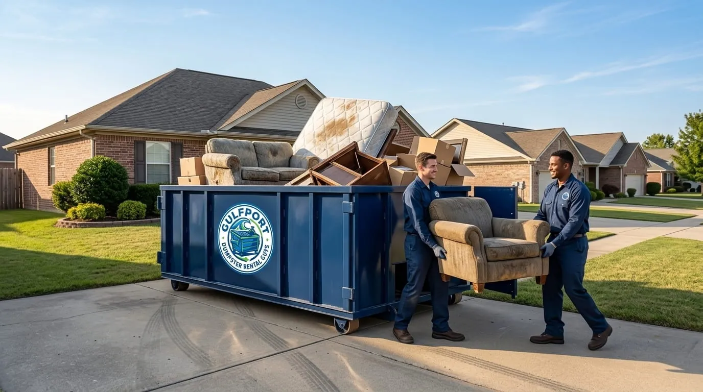Loading household items into an estate cleanout dumpster in Gulfport, MS