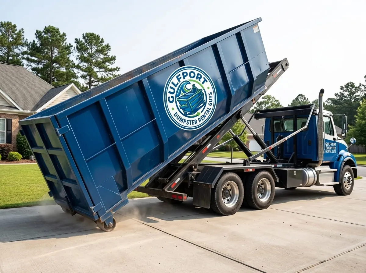 Roll-off construction dumpster being loaded onto a Gulfport Dumpster Rental Guys truck